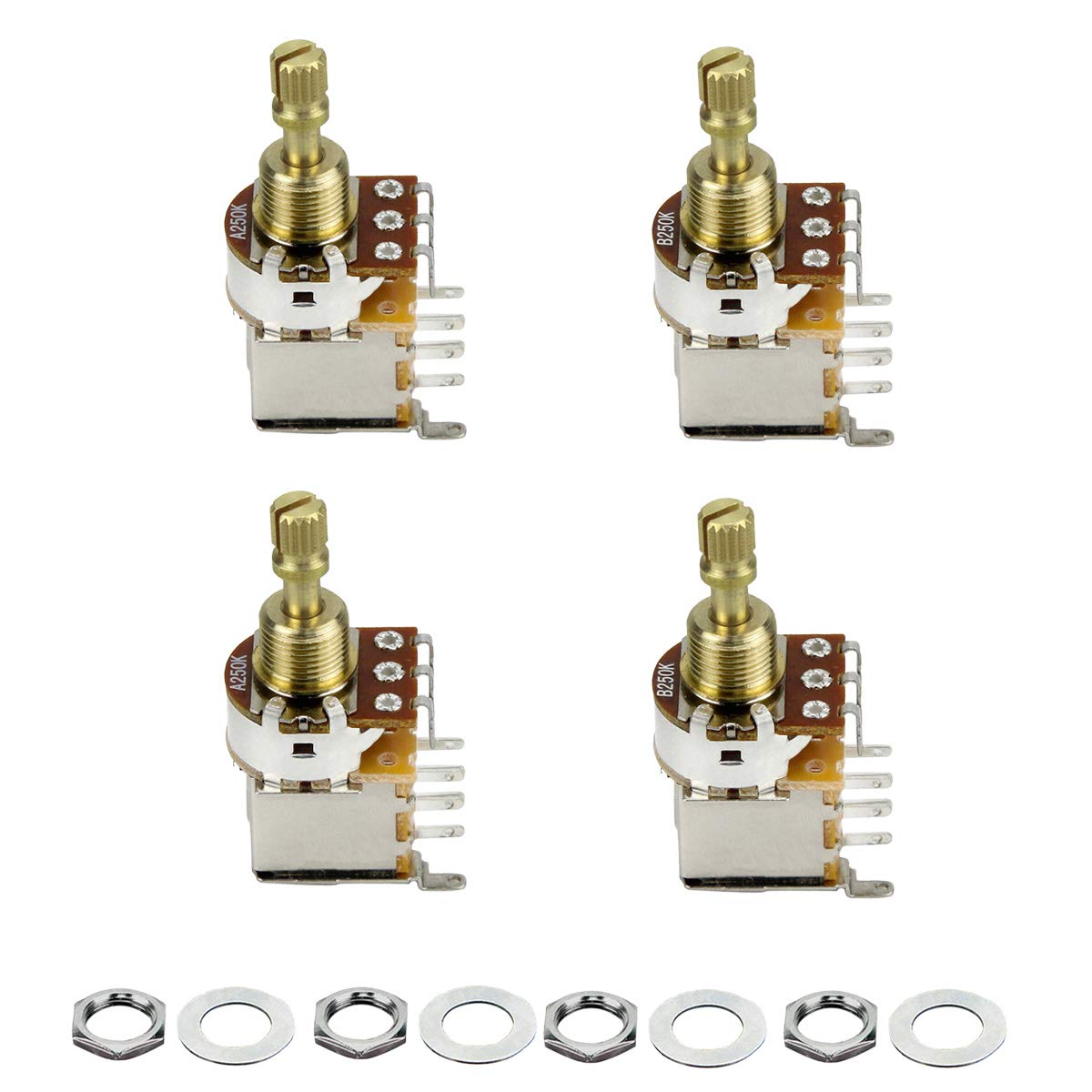 FLEOR 4PCS A250K+B250K Push Push Bounce Switch Potentiometer Short Split Copper Shaft for Electric Guitar Bass Volume/Tone Controls(Set of 2A2B)