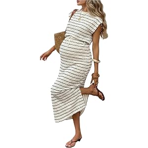 SHENHE Women's Maternity Striped Drawstring Tie Waist Slit Maxi Dresses | Textured Lightweight Fabric, Loose Comfortable Cut,