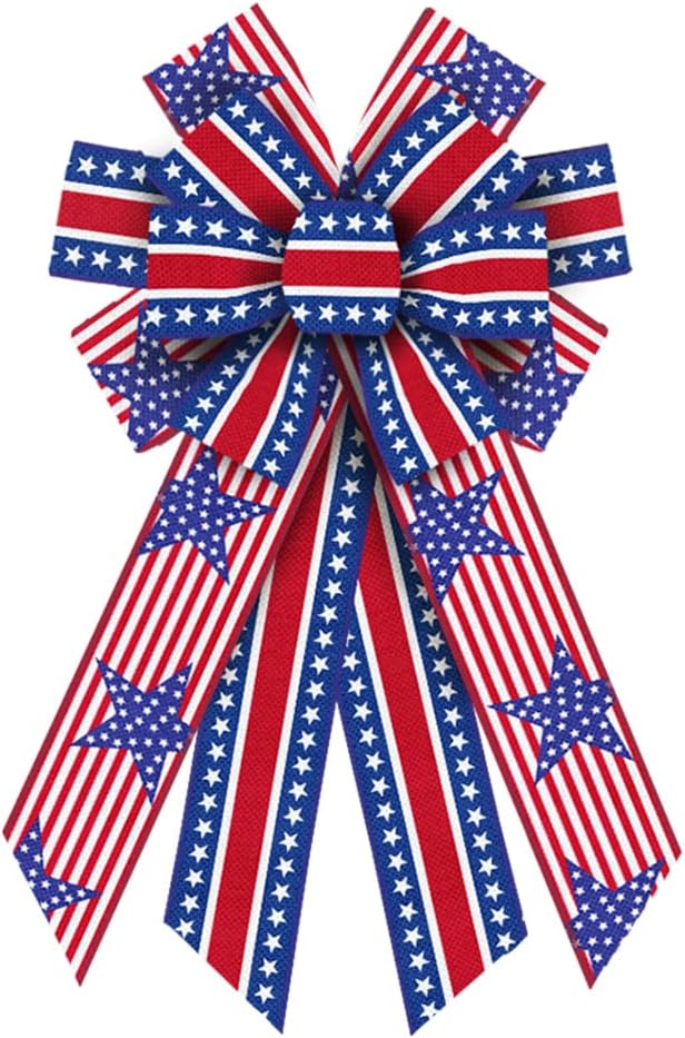 Bows & Ribbons - Large Patriotic Bows for Wreath, Patriotic Wreath Bows Veterans Day Burlap Stripes Bows for Front Door, Red Blue White Stripe Patriotic Tree Topper Bow for Labor Day Indoor Outdoor Decoration
