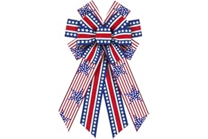 Threetols Large Patriotic Bows for Wreath, Patriotic Wreath Bows Veterans Day Burlap Stripes Bows for Front Door, Red Blue White Stripe Patriotic Tree Topper Bow for Home Indoor Outdoor Decor