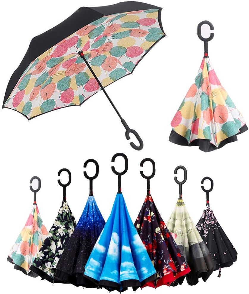 BP@ Folding Umbrella with C-Shaped Handle and Riverso Opening Mechanism, very useful in the rain, double wind-proof layer (106 cm), Foglia di Acero