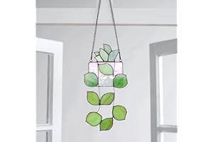 Aizesuro Handmade Stained Glass Succulent Plant Window Hanging, Tiffany Style Indoor Wall Window Panels Decor, 10.47 * 5.1 inch