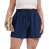 OLRIK Plus Size Shorts for Women 2026 Summer Casual Ruffle Belted Waist Lightweight Adjustable Drawstring Loose with Pockets