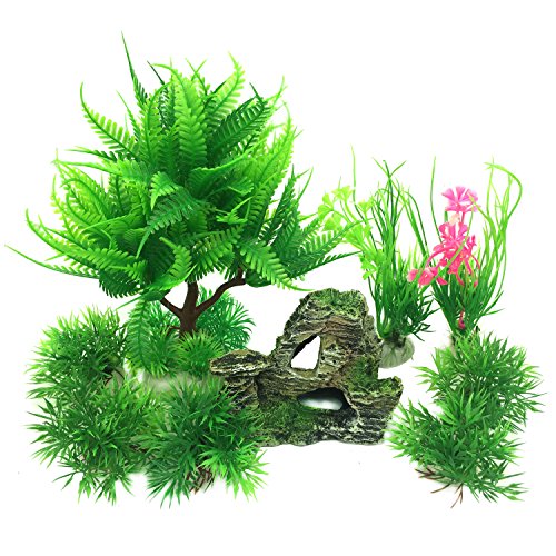 Pietypet Fish Tank Decorations Plants with Rockery View, 9pcs Green Aquarium Plants Plastic and Aquarium Mountain Reef Rock Cave Resin Fish Tank Ornament Decoration