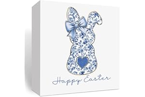 FXEFXE Easter Rabbit Decoration, Blue Floral Chinoiserie Bunny Decor, Happy Easter Decor, Coquette Girls Gift, Wooden Box for Rustic Home Bedroom Living Room Table Shelf Office
