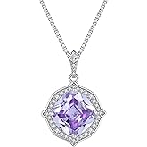 Lwsary Halo Solitaire Pendant Necklace 925 Sterling Silver Gemstone Necklace Princess Cut Birthstone Jewelry for Women