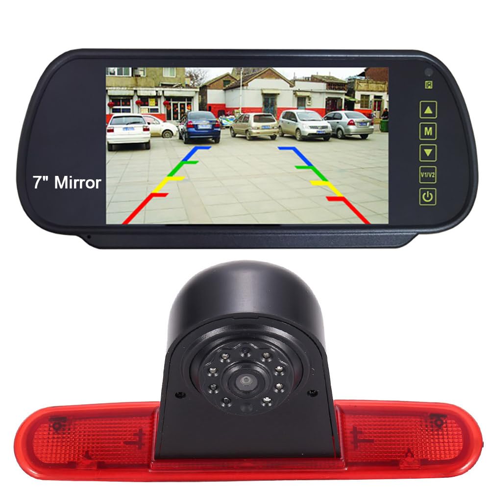 HD Auto Wagon Transporter Caravan Brake Light Roof Rear View Reversing Backup Parking Camera with Angle Adjustable Compatible with FIAT Doblo 263 Van/Opel Combo cargo Kasten/Kombi +7'' rearview mirror