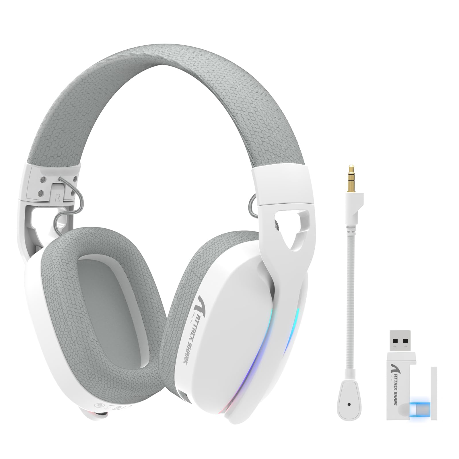 Yindiao Attack Shark L90 Ultralight RGB Wireless Gaming Headset with Plug-in Microphone,Bluetooth 5.3 & 2.4G Wireless & Wired Headphone, 7.1 Surround Sound for Xbox One Series, PS4,PS5 & PC (White)