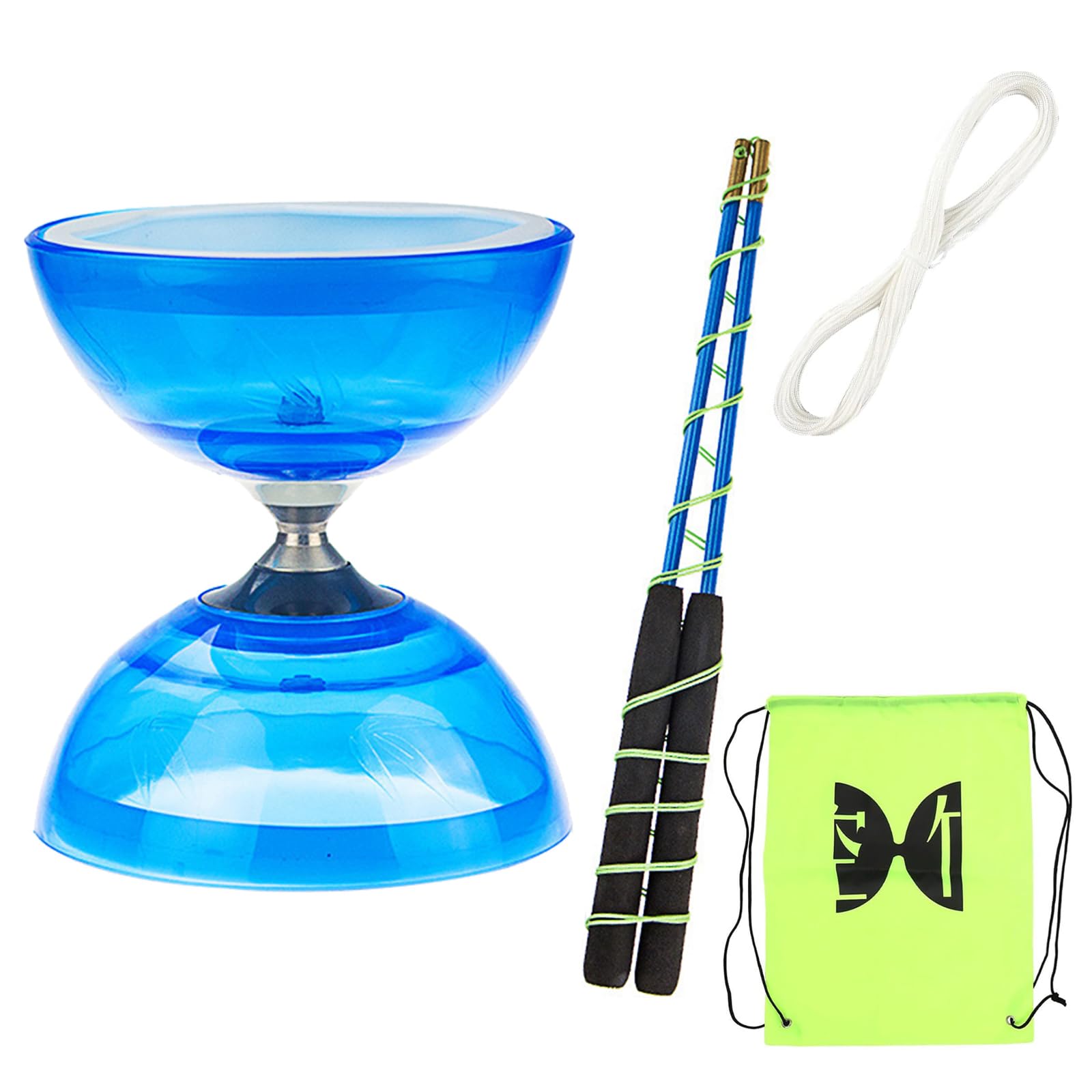 Diabolo Free Runner with Ball Bearing Triple Bearing Set, 4 Colours, Triple Layered Diabolo with Replacement Rope 10 m, Professional Rod, Mesh Bag, blue,