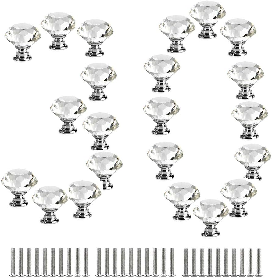 30 Pcs Glass Cabinet Knobs Crystal Drawer Pulls Clear 30 MM Diamond for Kitchen, Bathroom Cabinet, Dresser and Cupboard