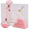HOTACE Jade Roller Gua Sha Set Natural Rose Quartz Jade Roller for Face Beauty Facial Roller Massager Tools Face Skin Care Tools-Pink