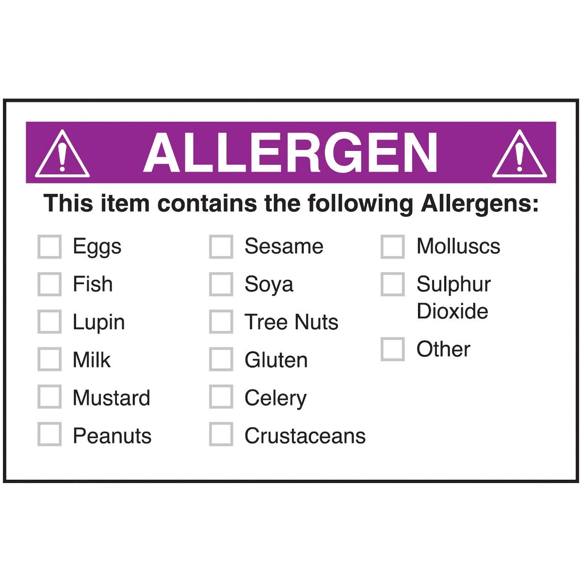 V Safety Allergen This Item Contains - Purple Sticker - 50x75mm (Roll of 250)