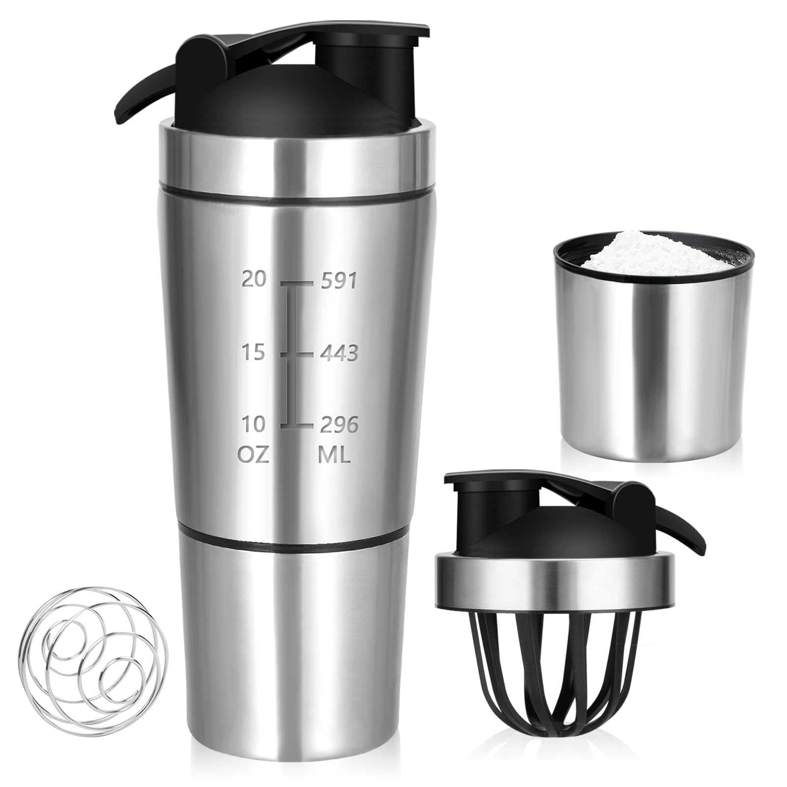700ml Protein Shaker with 200ml Storage Cup, Metal Shaker with Mixball, BPA Free & Leak-Proof Shaker Bottle, Stainless Steel, Silver — image 1