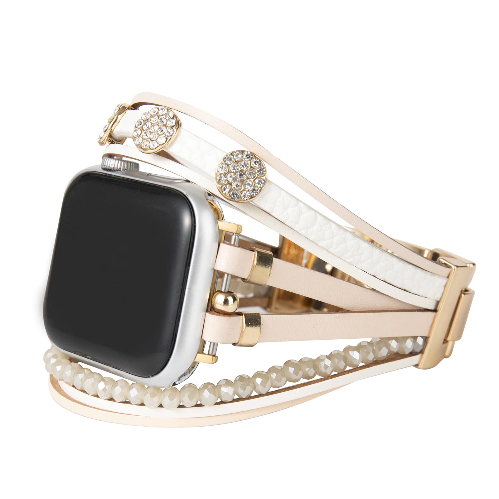 Konafei Compatible with Apple Watch Strap 44 mm 45 mm 42 mm 40 mm 41 mm 38 mm iWatch Series SE 7 6 5 4 3 2 1, Leather Bracelets Jewellery Metal Clasp Wrap Strap for Women, 45/44/42/49mm