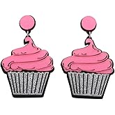 MALOYANVE Cupcake Earrings for Womens Ladies Creative Big Cute Yummy Acrylic Pink Food Cooking Cake Dangle Drop Backing Earrings Sweet Jewelry Epicure Gifts