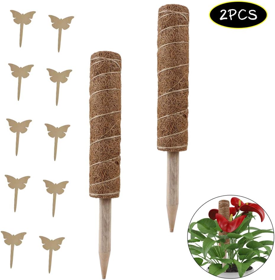 TRIEtree 2 Pack 17.7 Inch Coir Totem Pole Coir Moss Stick Coir Moss Totem Pole with 10 Pcs Plant Labels for Plant Support Extension, Climbing Indoor Plants