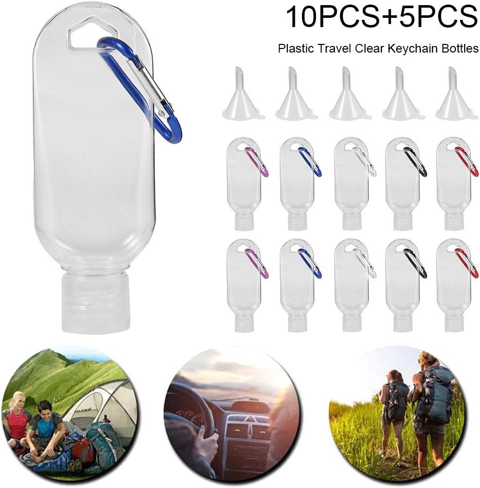 ATopoler 10pcs 50ml Refillable Travel Bottles Clear Keychain Bottles with Flip Caps and 5pcs Funnel,Travel Leakproof Empty Bottles Portable Squeeze Containers for Cosmetics Liquids - Image 3
