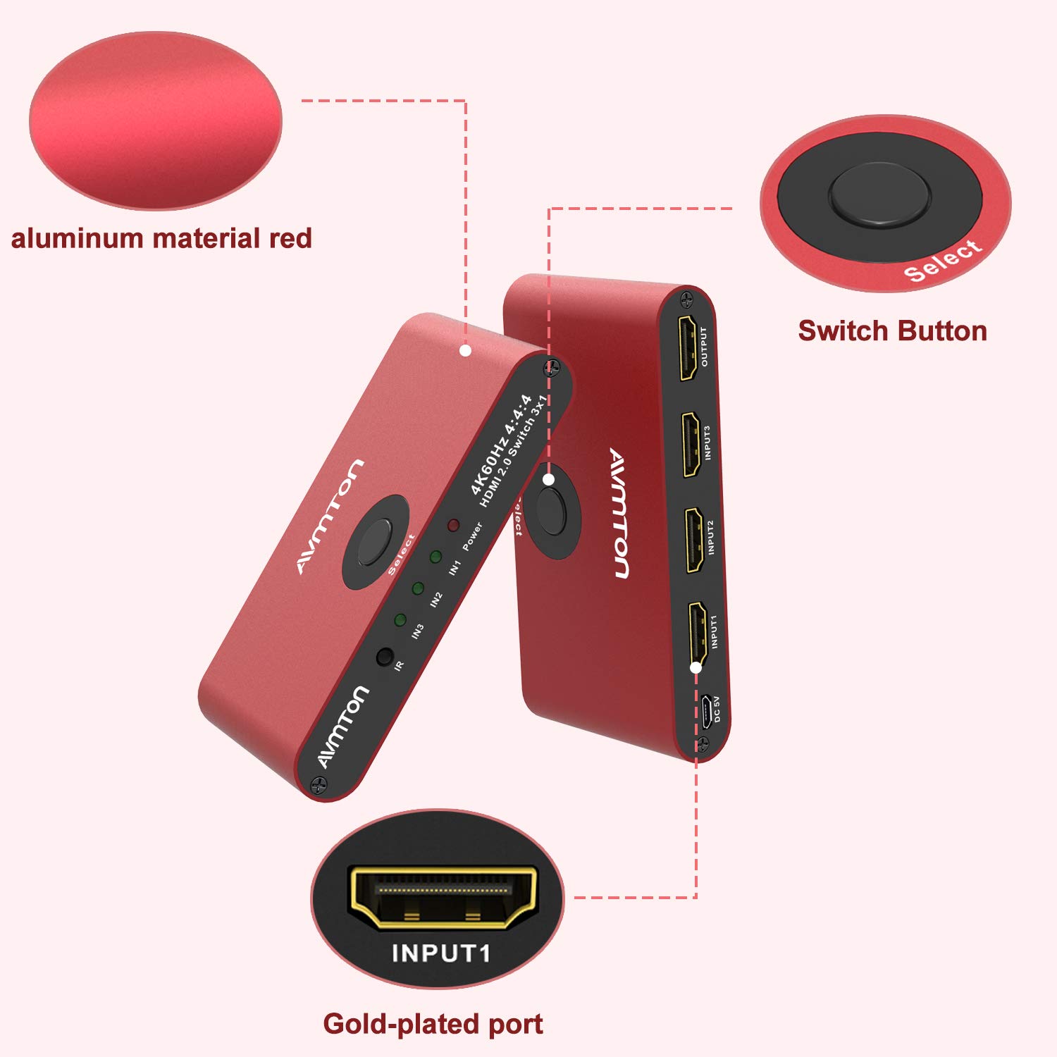 AVMTON 4K HDMI 2.0 Switch 3 Port,HDMI Switcher Splitter 3 in 1 Out,Aluminum Red HDMI Selector Box with Remote Supports 4K@60Hz Ultra HD3D 2160P 1080P for DVD,PS3/4 TV/X Box Fire Stick Blu-Ray Player: Industrial & Scientific