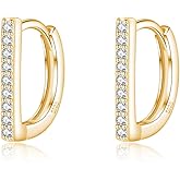 Reffeer Solid 925 Sterling Silver CZ Bar Earrings Hoop for Women Teens CZ Huggie Earrings Minimalist