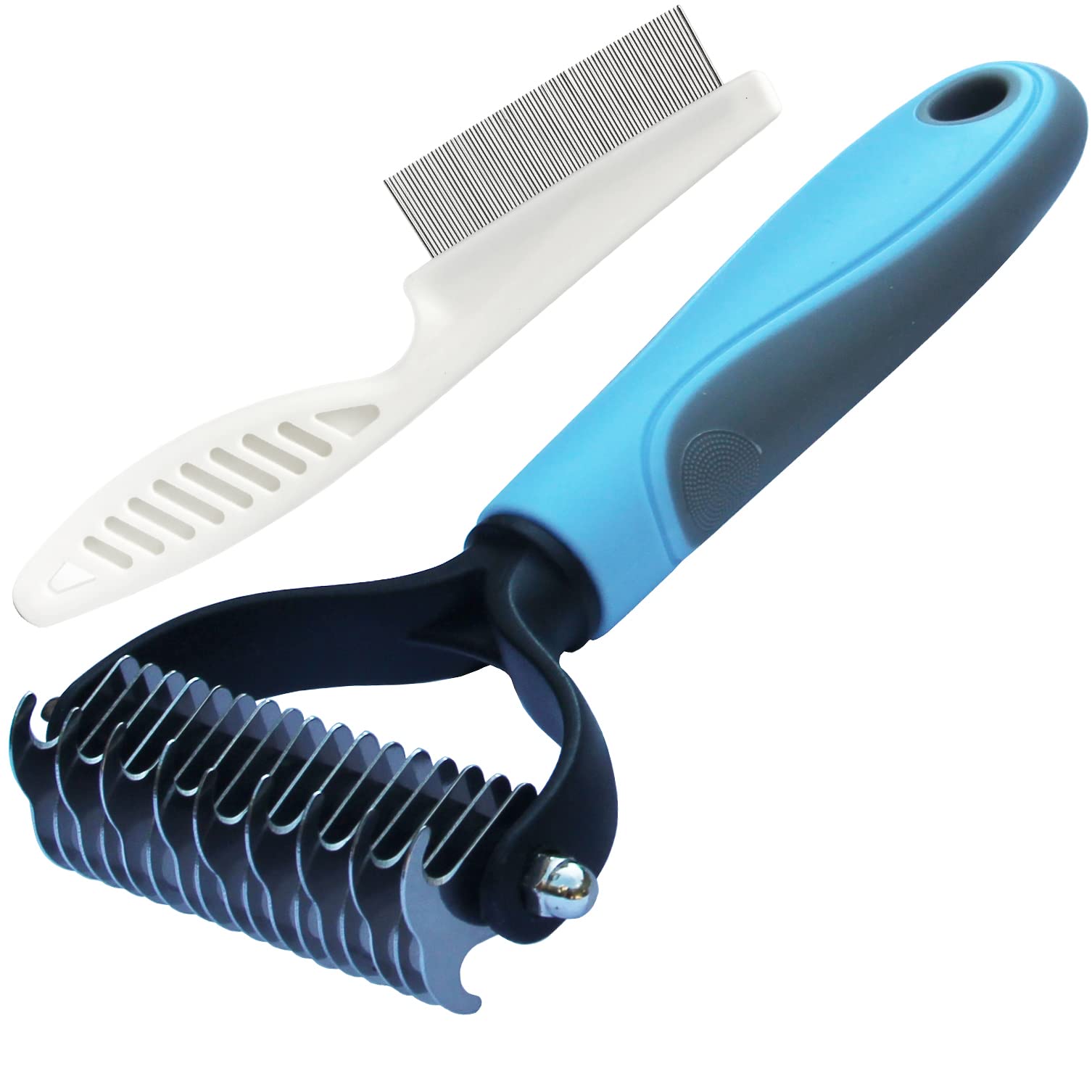 Double Sided Shedding and Dematting Undercoat Rake Comb for Dogs and Cats - Cat and Dog Flea Comb Set (Large, Blue)