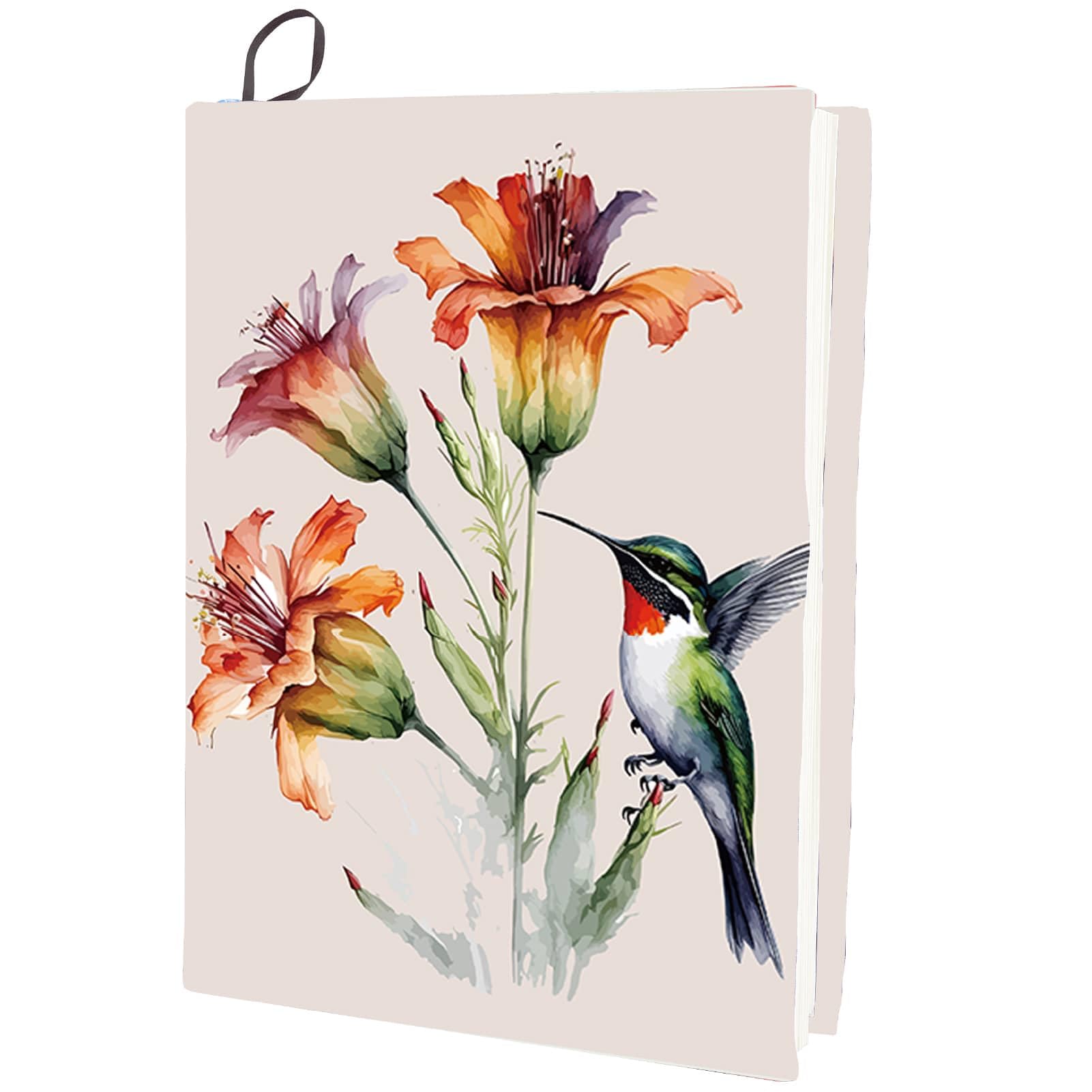 CRASPIRE Floral Stretchable Book Cover Humming Bird Flower Washable Reusable Large Nylon Cloth Polyester Book Protector Elastic Notebook Wraps Suitable for Most Hardcover Books Students