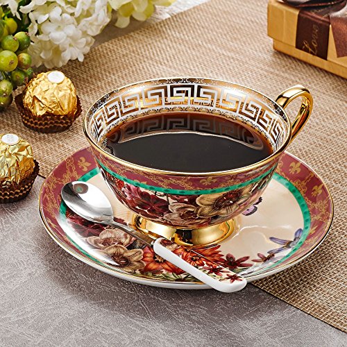 Panbado 3-Piece Bone China Tea Cup Saucer Set With Spoon Porcelain Gold Rimmed Teacup Coffee Set, Butterfly And Flower, 200 mL/6.8 oz., Multi-Color