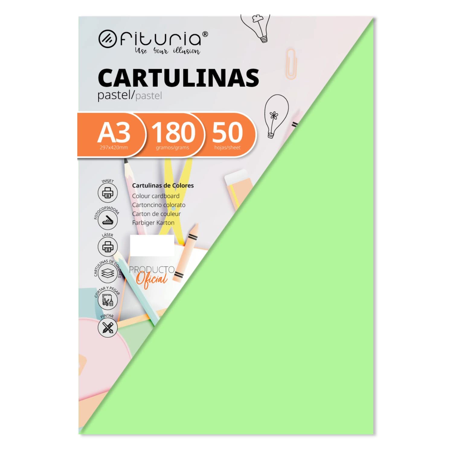 Pack of 50 Light Green Card Size A3 180 g