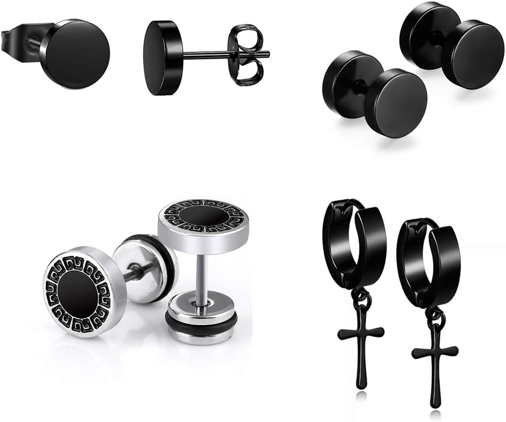 4 Pairs of 8 mm – Stainless Steel Black Huggie Earrings Clip Tunnel Earrings Stud Earrings Fashion Jewellery Pendant Men's Stainless Steel Pierced Earrings for Men Women Punk Style