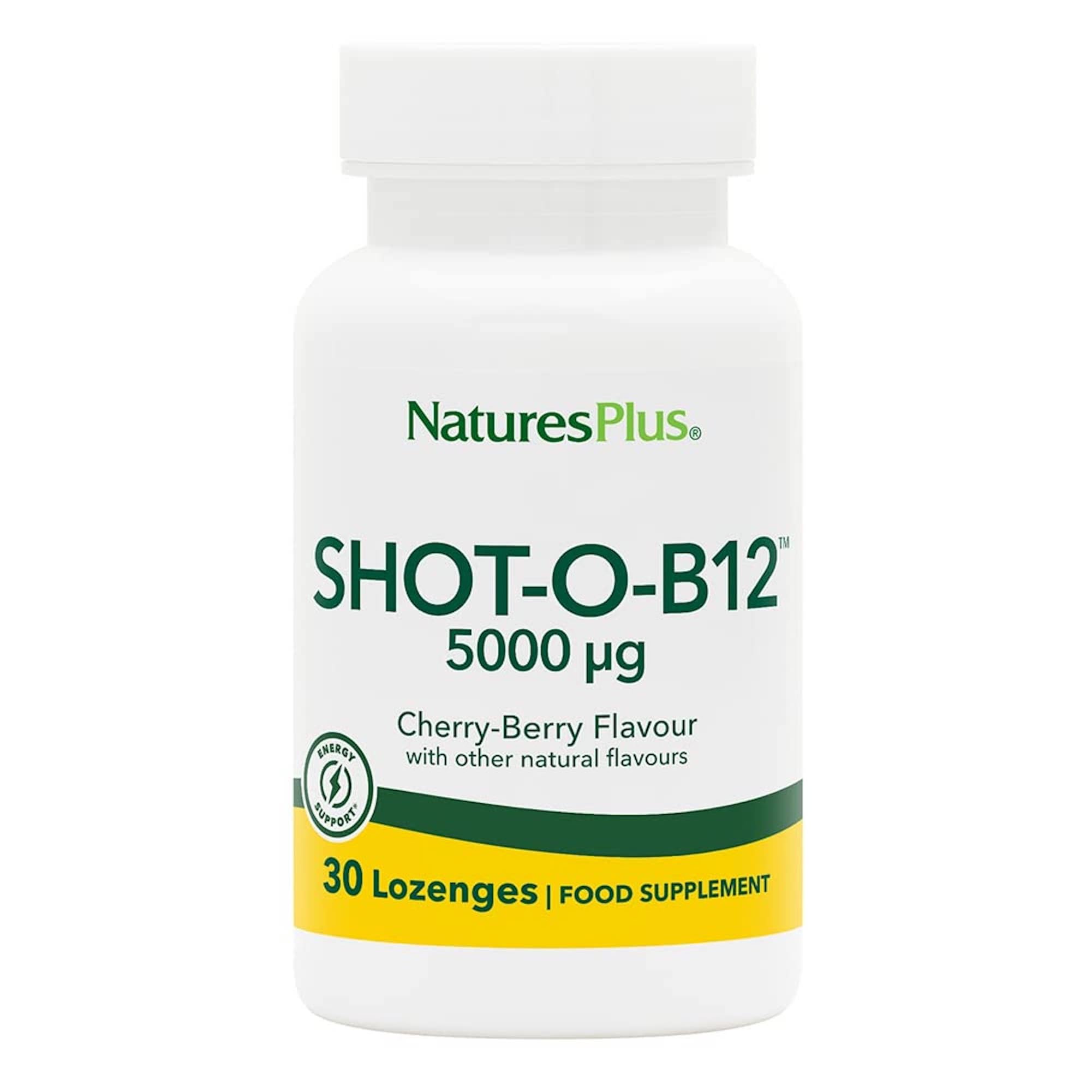 NaturesPlus Shot-O B12 Methylcobalamin - High Strength, Active, Chewable Vitamin B12 Tablets - Energy Booster - Gluten Free, Vegan - 30 Berry Flavour Lozenges