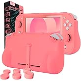 Orzly Grip Case Compatible for use with Nintendo Switch Lite – Case with Comfort Padded Hand Grips, Kickstand, & Pack of Thumb Grips - Coral