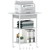 Arbuxzuy 3-Tier Printer Stand, Printer Table with Fabric Drawer, Industrial Printer Storage Cart with Wheels, Rolling Printer Stand for Heat Press Scanner Fax, White