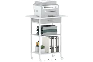 Arbuxzuy 3-Tier Printer Stand, Printer Table with Fabric Drawer, Industrial Printer Storage Cart with Wheels, Rolling Printer Stand for Heat Press Scanner Fax, White