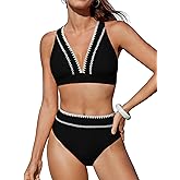 CUPSHE Women's Bikini Sets Two Piece Swimsuit High Waisted V Neck Crisscross Back Self Tie Color Block Wide Straps