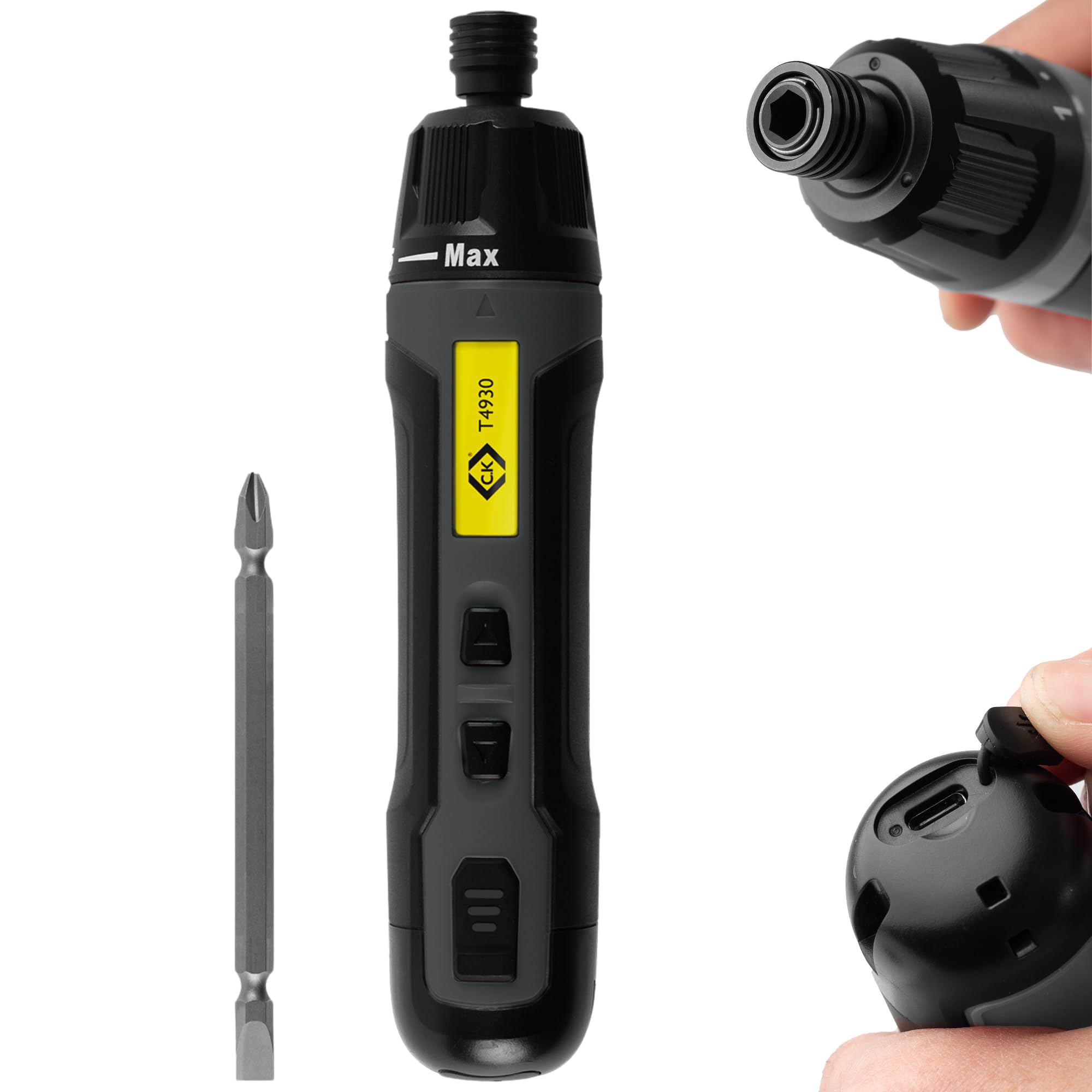 C.K Tools E-Driver, Electric High Torque Screwdriver, 3.6v USB-C Rechargeable Cordless Screw Driver with Double Sided PZ2 SL4 Bit, CK T4930