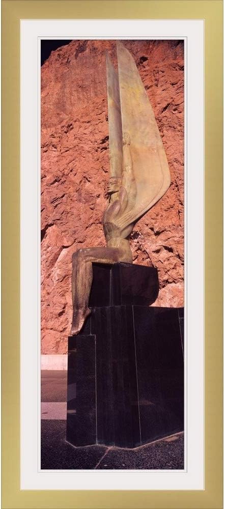 GREATBIGCANVAS Statue at a Dam Boulder City Hoover Dam Arizona Nevada Gold Framed Wall Art Print, 16"x48"x.75