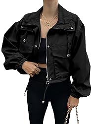 Tankaneo Womens Cropped Jacket Zip Up Lightweight