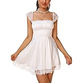 EYNMIN Women's Satin Lace Strap Mini Dress Square Neck Flowy A-Line Ruffle Swing Casual Short Dresses