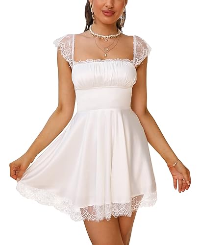 EYNMIN Women's Satin Lace Strap Mini Dress Square Neck Flowy A
