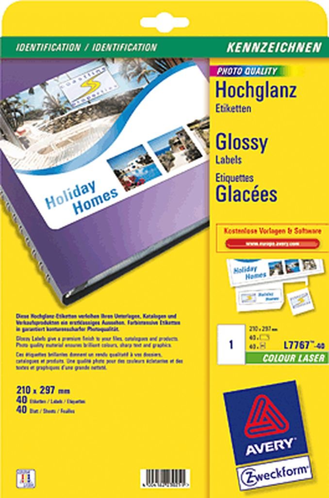 AVERY Zweckform L7767-40 Labels with Special Coating 40 Sheets / 40 Labels / 210 x 297 mm White