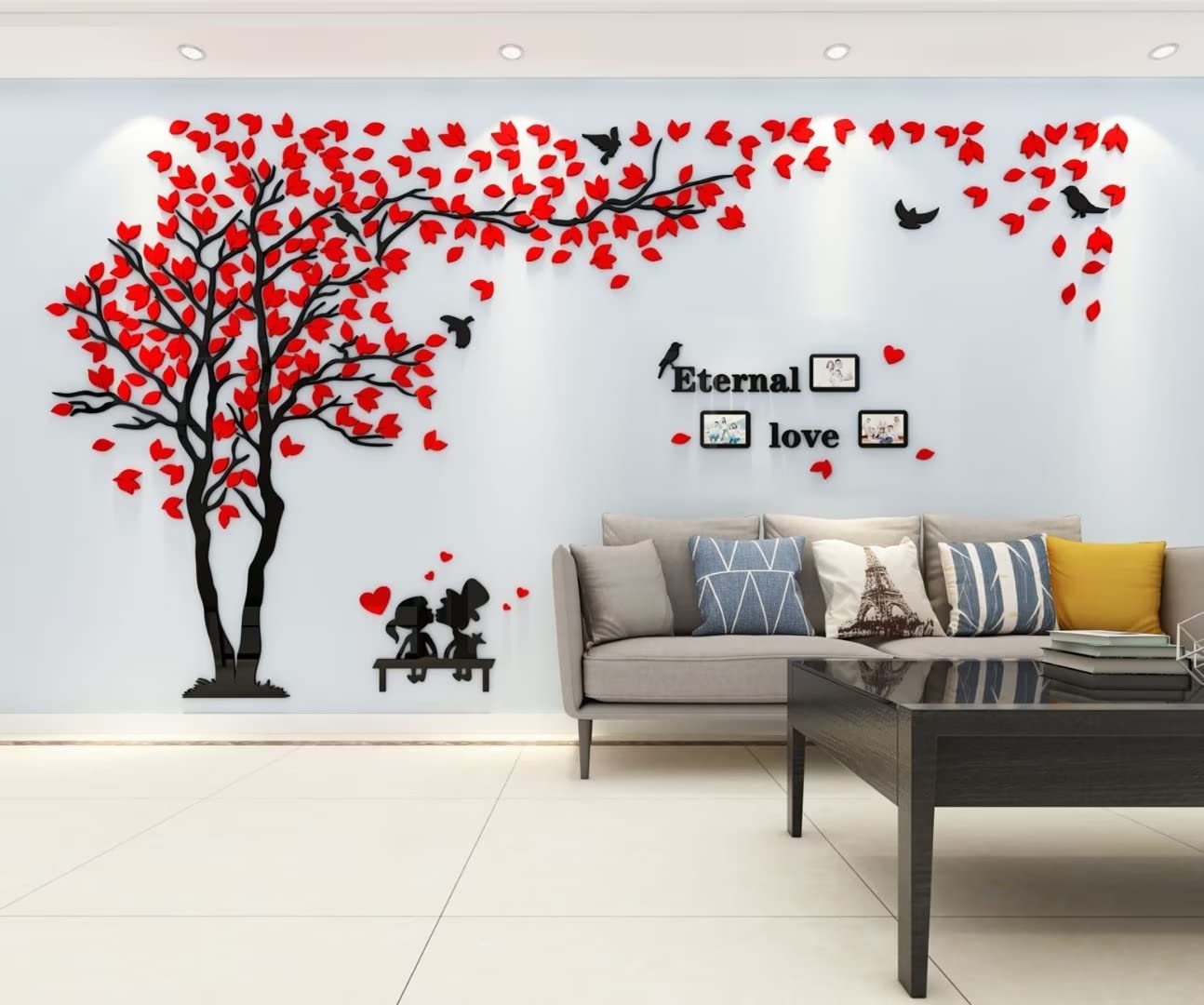 3D Tree Wall Stickers DIY Tree Bird Wall Decal Large Family Photo Frames Art Murals Tree Sticker for Living Room Bedroom Restaurant Home Decor(Red Left,L:150 * 300cm)