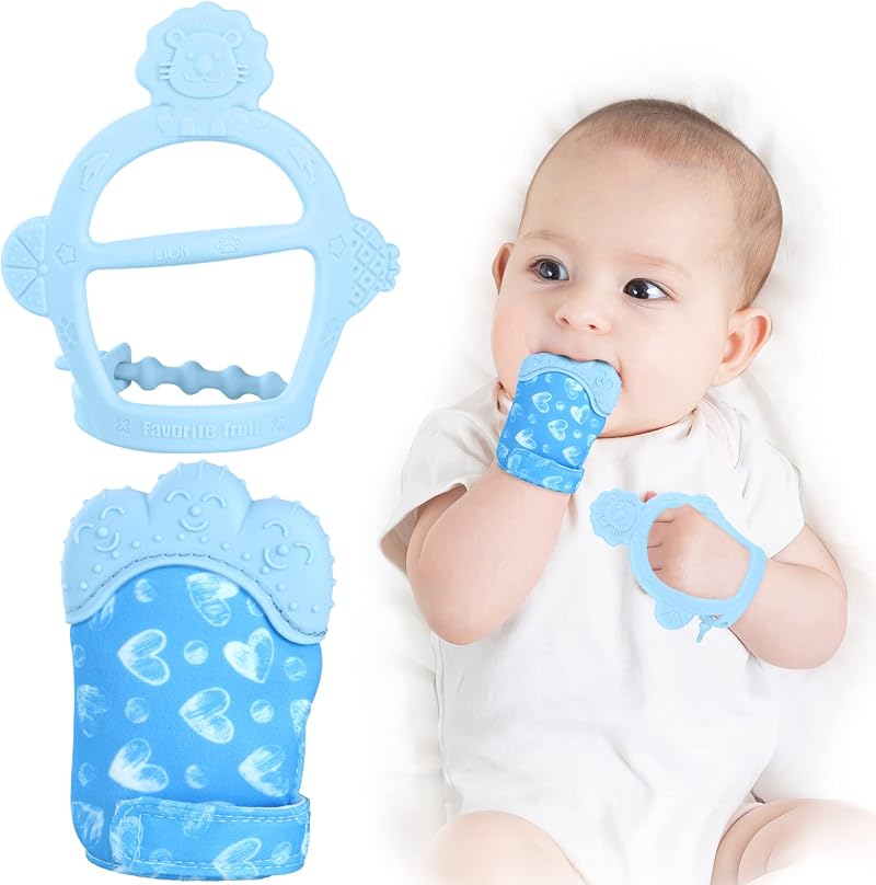 Vicloon Baby Teething Mittens Set with Teether Glove and Bracelet Blue