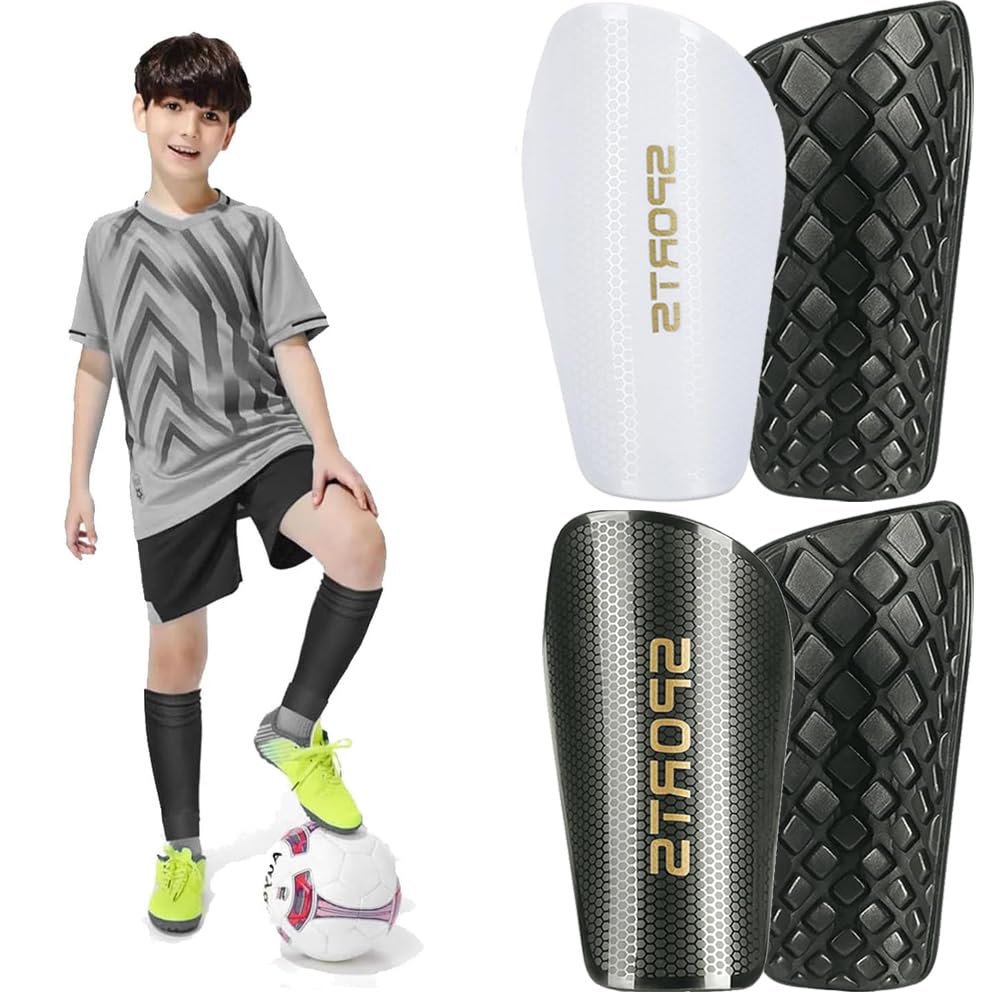 Photo 1 of 2 Pairs Soccer Shin Guards for Kids Youth Adults, Shin Pads for for Age 3-15 Boys and Girls, Lightweight Soccer Equipment for Football Games (Black and White, L)