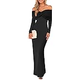 Caracilia Womens Off The Shoulder Bodycon Maxi Dress Fall Sexy Elegant Long Sleeve Ruched Club Party Formal Cocktail Dresses