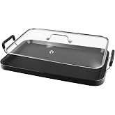 Vayepro 2 Burner Griddle Pan with Glass Lid, Stove Top Flat for Glass Stove Top, Aluminum Pancake, Non-Stick for Gas Grill, Double Burner Camping