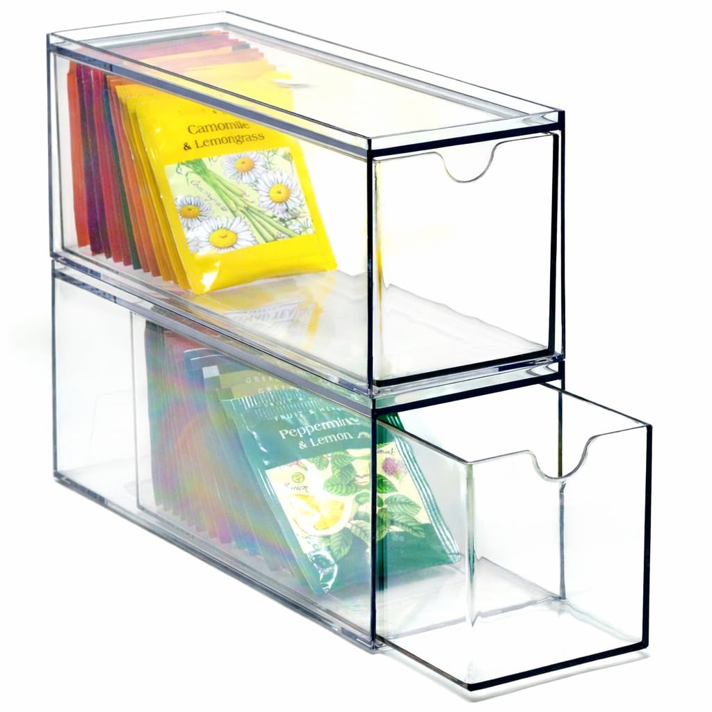 Youngever 3 Drawers Plastic Kitchen Pantry Stackable Storage Organizer, Plastic Tea Packet Organizers, Stackable Tea Bag Holder, 9" x 3" x 3.5"