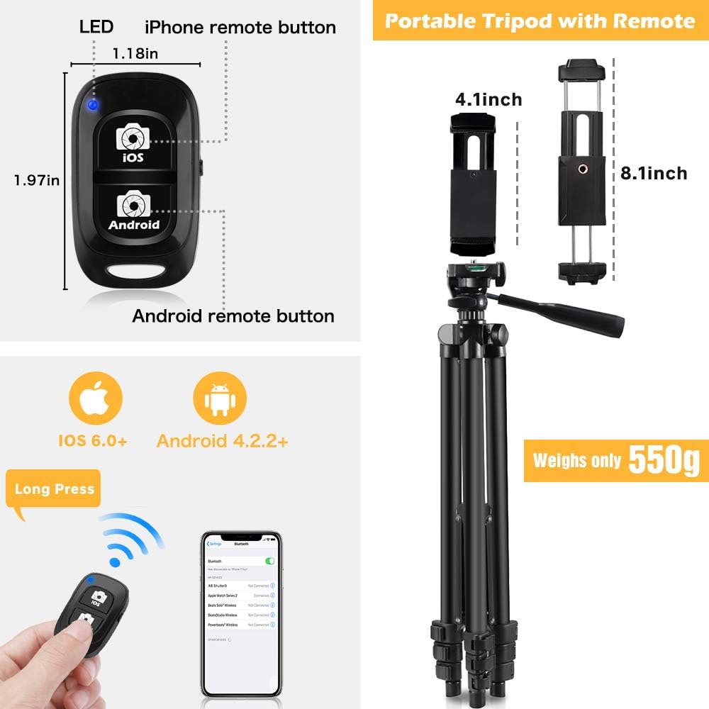 Phone Tripod, Aureday 50” Extendable Adjustable Smartphone & Tablet Tripod Stand with Phone Holder Mount & Remote, Compatible with Tablet/Cell Phone/Camera: Camera & Photo