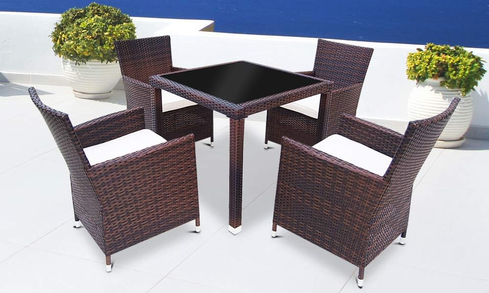 Poly Rattan Garden Sets | with Cushions in Beige and Black Glass Tabletop, 4+1, Brown | Garden Chairs and Table Set, Outdoor Furniture, Patio Seats