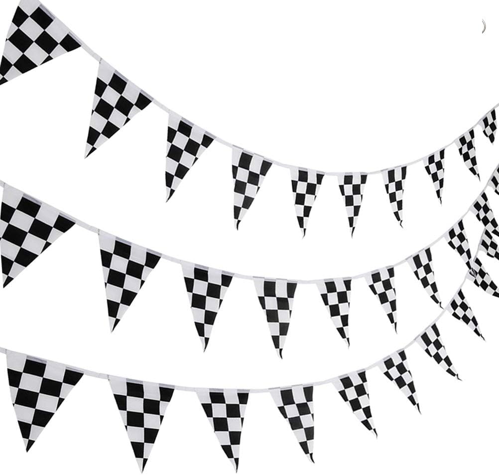 nuoshen 10 Meters Racing Flags,Black and White Checkered Flag 38 Pieces Racing Banners Party Flag, White,Black