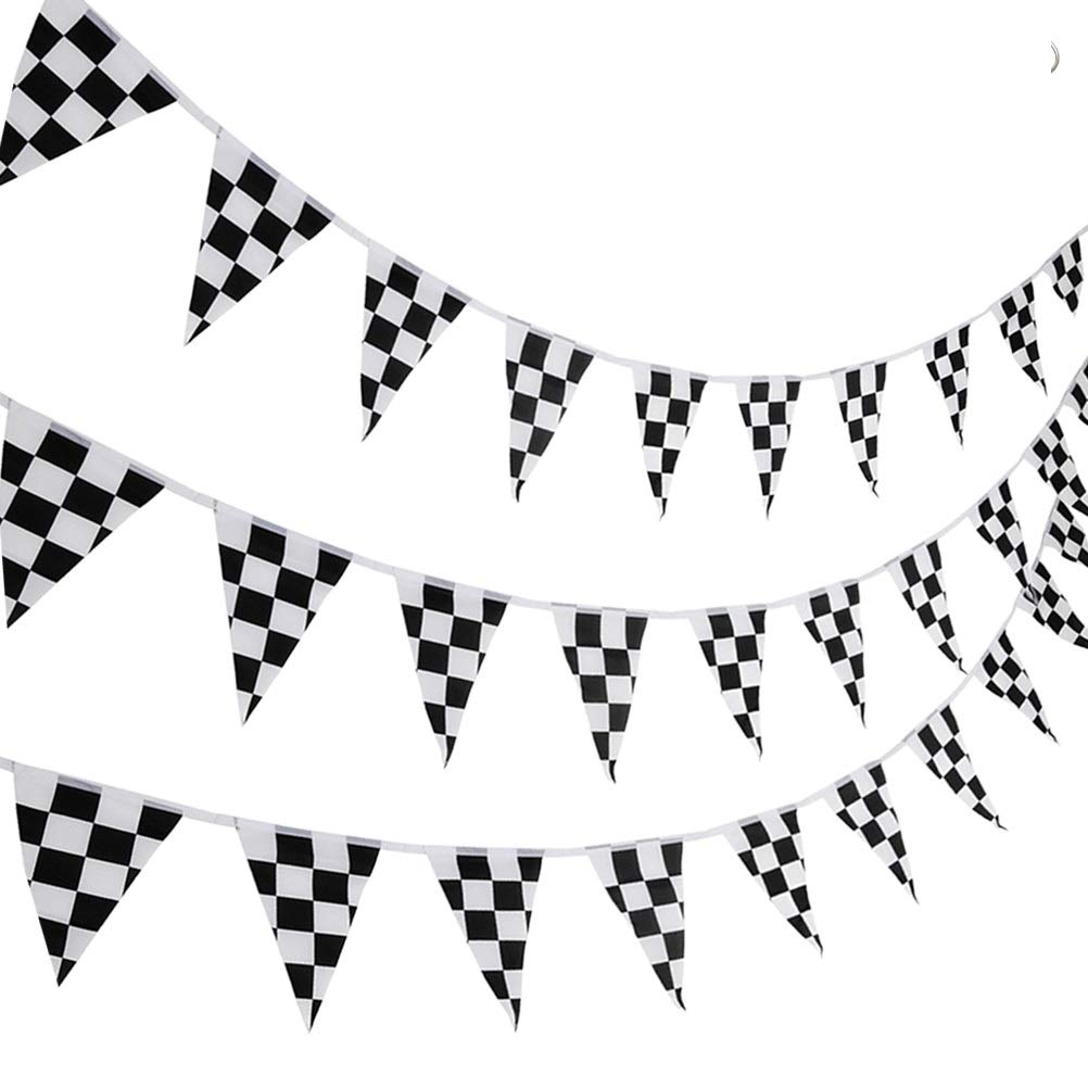 nuoshen 10 Meters Racing Flags,Black and White Checkered Flag 38 Pieces Racing Banners Party Flag