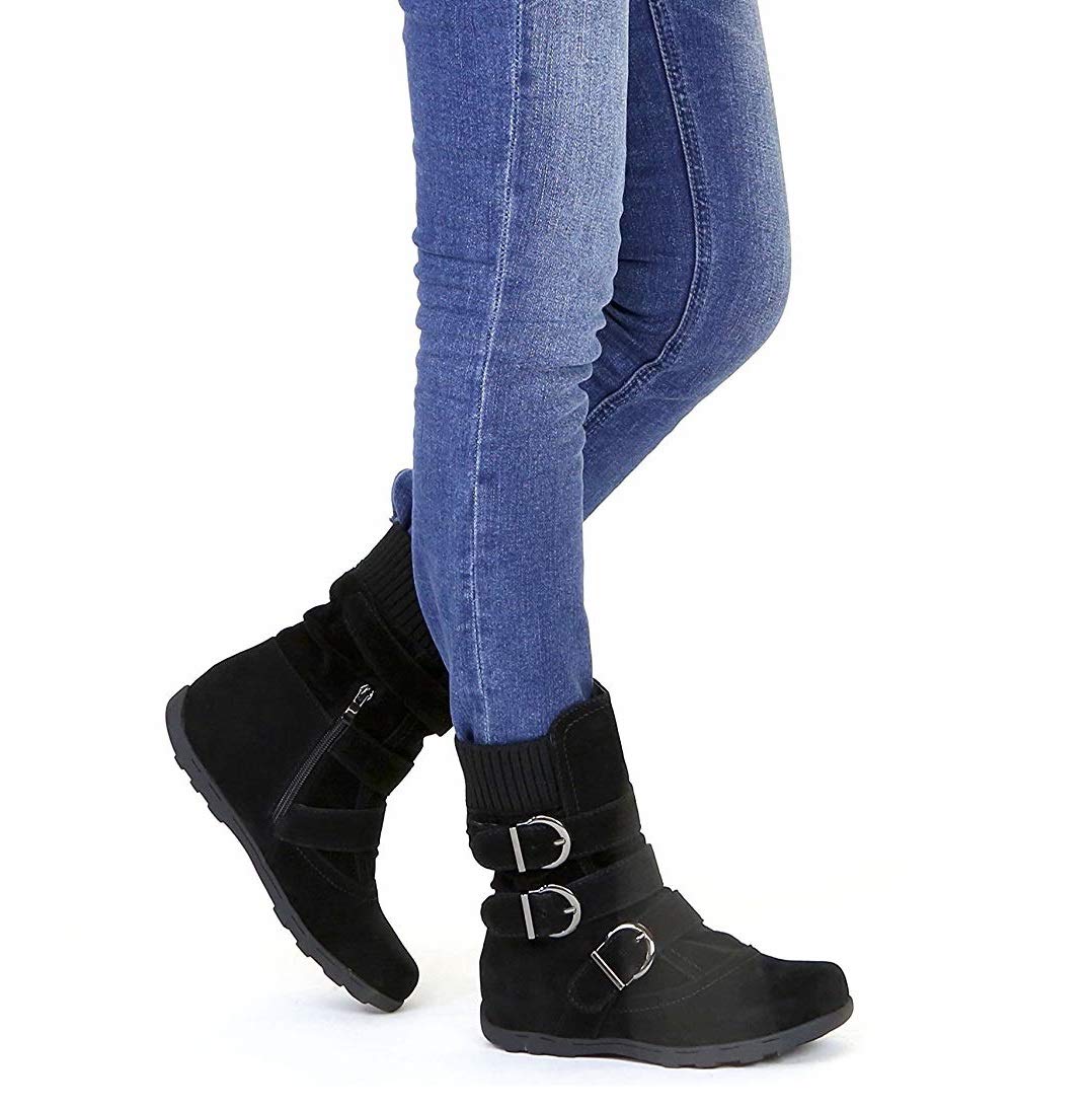 VANDIMI Womens Ankle Boots Zipper Buckles Strap Suede Booties Cute Classical Mid Flat Boot Black